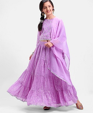 Pine Kids 100% Cotton Woven Half Sleeves Mirror Work Tiered Lehenga Choli Set - Lavender