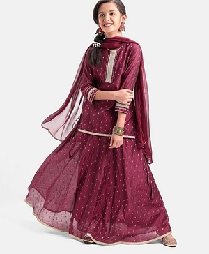 Pine Kids Three Fourth Sleeves Zari Design Lehenga & Choli Set - Wine