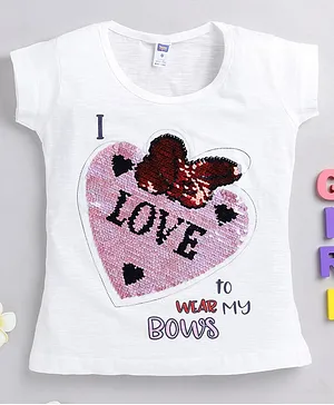 Nottie Planet Short Sleeves I Love To Wear My Bows Printed Sequin Embellished Top - White