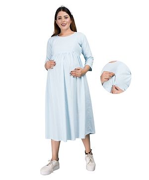 Mamma's Maternity Three Fourth Sleeves Striped Printed Fit & Flare Maternity & Nursing Dress With Concealed Zipper Access - Sky Blue