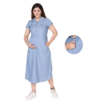 Mamma's Maternity Half Sleeves Solid Shirt Style Maternity & Nursing Dress With Concealed Zipper Access - Sky Blue