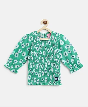 Tales & Stories Full Sleeves Smocked Daisy Printed Top - Green