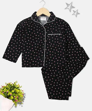MANET Full Sleeves Abstract Printed Night Wear - Black