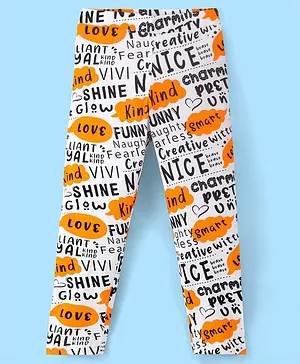 Pine Kids Cotton Spandex Leggings Text Printed - Bright White With Yellow