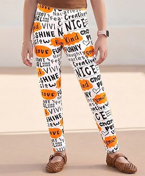 Pine Kids Cotton Spandex Leggings Text Printed - Bright White With Yellow