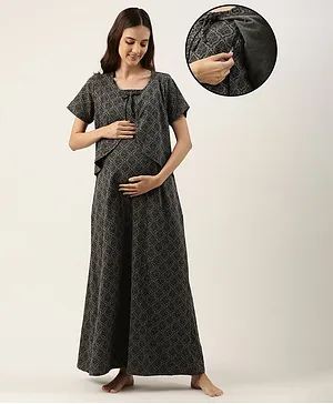 Nejo Pure Cotton Half Sleeves Abstract Printed Maternity Night Dress - Grey