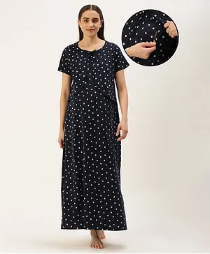 Nejo Pure Cotton Half Sleeves Polka Dots Printed Maternity Night Dress - Navy Blue