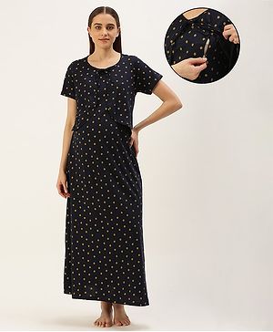 Nejo Pure Cotton Half Sleeves Polka Dots Printed Maternity Night Dress - Navy Blue