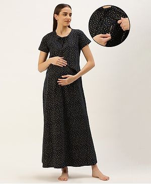 Nejo Pure Cotton Half Sleeves Polka Dots Printed Maternity Night Dress - Navy Blue