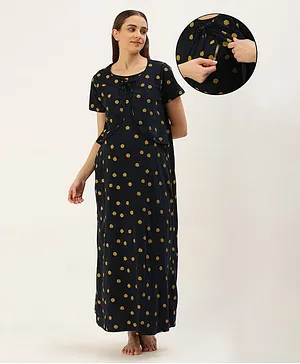 Nejo Pure Cotton Half Sleeves Polka Dots Printed Maternity Night Dress - Navy Blue