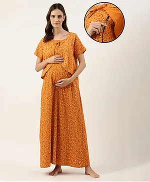Nejo Pure Cotton Half Sleeves Stars Printed Maternity Night Dress - Orange