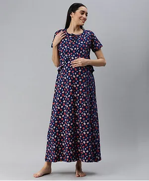 Nejo Pure Cotton Half Sleeves Floral Printed Maternity Night Dress - Blue