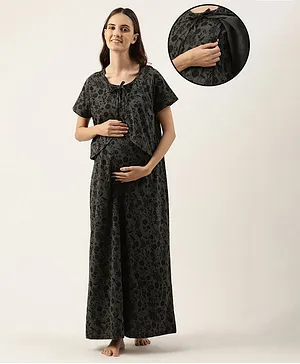 Nejo Pure Cotton Half Sleeves Floral Printed Maternity Night Dress - Grey