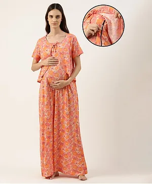 Nejo Pure Cotton Half Sleeves Floral Printed Maternity Night Dress - Pink Orange