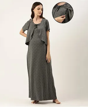 Nejo Pure Cotton Half Sleeves Seamless Leaf Swirl Printed Maternity & Nursing Night Dress With Concealed Zipper Access - Dark Grey
