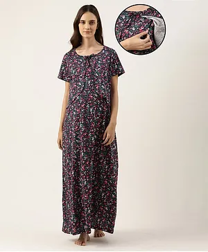 Nejo Pure Cotton Half Sleeves Seamless Floral Printed Maternity & Nursing Night Dress With Concealed Zipper Access - Navy Blue