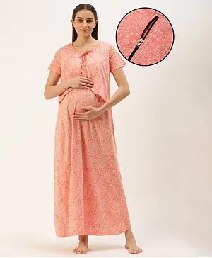 Nejo Pure Cotton Half Sleeves Damask Style Floral  Motif Printed Maternity & Nursing Night Dress With Concealed Zipper - Coral