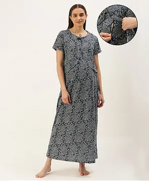 Nejo Pure Cotton Half Sleeves Damask Style Floral  Motif Printed Maternity & Nursing Night Dress With Concealed Zipper - Navy  Blue