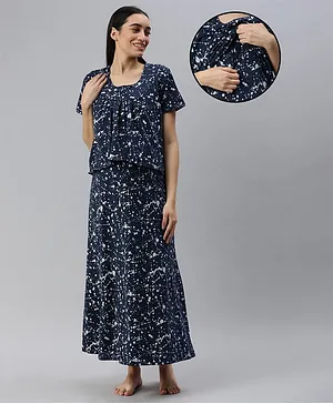 Nejo Pure Cotton Half Sleeves Splash Art Printed Maternity & Nursing Night Dress With Concealed Zipper - Navy Blue
