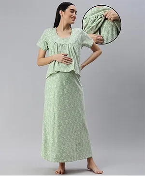Nejo Pure Cotton Half Sleeves Damask Style Forest Branches Trees Theme Printed Maternity & Nursing Night Dress With Concealed Zipper - Green & Cream