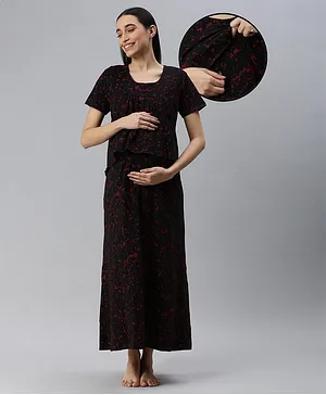 Nejo Pure Cotton Half Sleeves Splash Art Printed Maternity & Nursing Night Dress With Concealed Zipper - Black