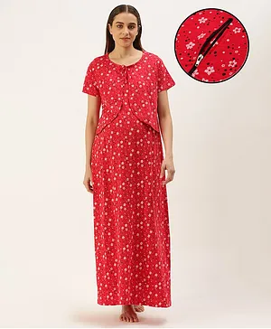 Nejo Pure Cotton Half Sleeves Garden Floral Theme Printed Maternity & Nursing Night Dress With Concealed Zipper - Red