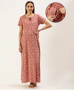 Nejo Pure Cotton Half Sleeves Garden Floral Theme Printed Maternity & Nursing Night Dress With Concealed Zipper - Mauve