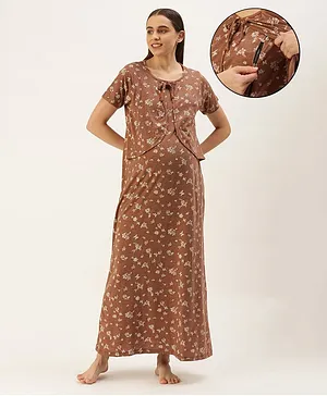 Nejo Pure Cotton Half Sleeves Flower Abstract Printed Maternity & Nursing Night Dress With Concealed Zipper - Mocha Brown