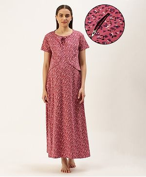 Nejo Pure Cotton Half Sleeves Botanical Garden Floral Theme Printed Maternity & Nursing Night Dress With Concealed Zipper - Orchid Pink