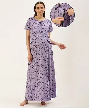 Nejo Pure Cotton Half Sleeves Flower Abstract Printed Maternity & Nursing Night Dress With Concealed Zipper - Lilac