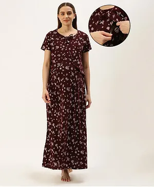 Nejo Pure Cotton Half Sleeves Flower Abstract Printed Maternity & Nursing Night Dress With Concealed Zipper - Burgundy