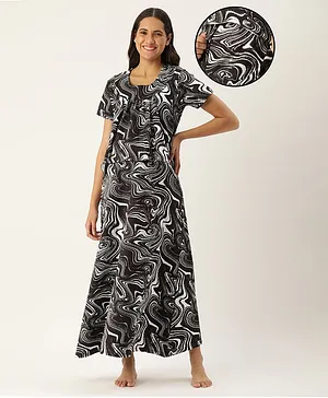Nejo Pure Cotton Half Sleeves Abstract Printed Maternity & Nursing Night Dress With Concealed Zipper - Black & White