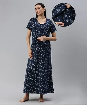 Nejo Pure Cotton Half Sleeves Flower Abstract Printed Maternity & Nursing Night Dress With Concealed Zipper - Ink Blue