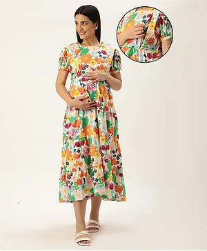 Nejo Pure Cotton Half Sleeves Seamless Flowers Printed Maternity & Nursing Dress With Concealed Zipper Access - White