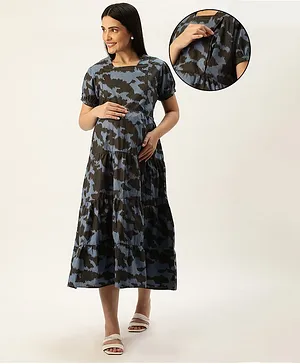 Nejo Pure Cotton Half Sleeves Seamless Abstract Printed Maternity & Nursing Dress With Concealed Zipper Access - Blue