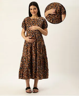 Nejo Pure Cotton Half Sleeves Seamless Leopard Printed Maternity & Nursing Dress With Concealed Zipper Access - Brown