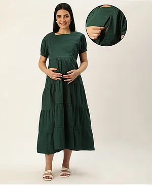 Nejo Pure Cotton Half Sleeves Seamless Motif Printed Maternity & Nursing Dress With Concealed Zipper Access - Green