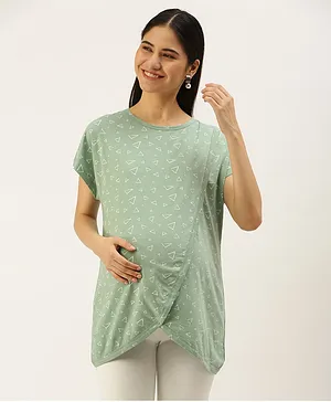 Nejo Pure Cotton Half Sleeves Triangles Printed Over Lap Styled Nursing Top - Mint Green