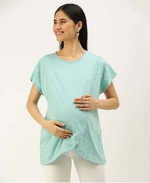 Nejo Pure Cotton Half Sleeves Triangles Printed Over Lap Styled Nursing Top - Ocean Blue