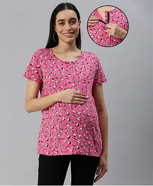 Nejo Pure Cotton Half Sleeves Seamless Ice Cream & Pizza Slice Printed  Maternity Top With Concealed Zipper Access - Pink