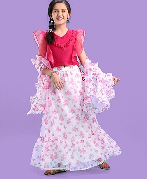 Pine Kids Half Sleeves Choli & Tiered Lehenga  with Dupatta Floral Print - Pink