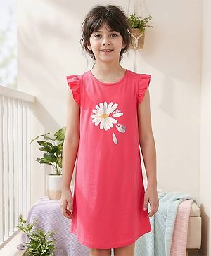 Pine Kids 100% Cotton Knit Short Sleeves Night Gown Flower Print - Pink