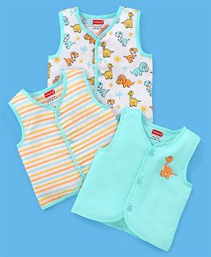 Babyhug 100% Cotton Sleeveless Jhabla Striped & Dino Print Pack of 3 - Blue & White