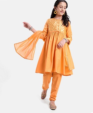 Pine Kids Three Fourth Sleeves Kurti Churidar Set with Dupatta Chervon Pattern - Mustard Yellow