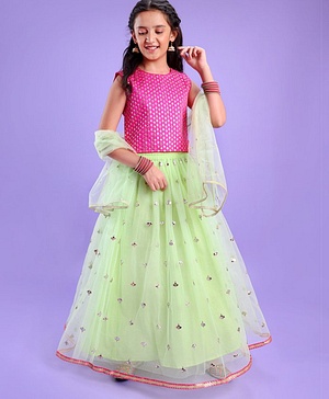 Pine Kids Sleeveless Sequin Embroidered Lehenga Choli Set - Mint