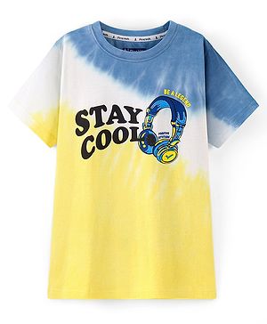 Pine Kids 100% Cotton Knit Half Sleeves Bio Washed T-Shirt Stay Cool Print - Yellow & Blue