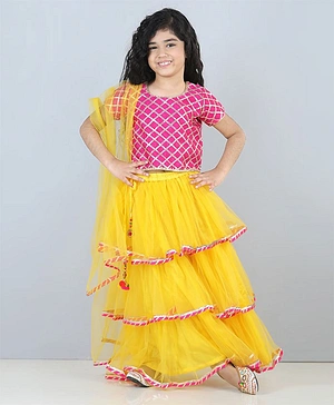 WhiteHenz Clothing Half Sleeves Gota patti Checkered Choli With Coordinating Lace Embellished Layered Lehenga & Dupatta - Magenta & Yellow
