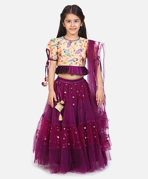 WhiteHenz Clothing Puffed Half Sleeves Peacock & Leaf Swirl Embroidered Choli With Fower Detailed Sequin Embellished Lehenga & Dupatta - Peach & Purple