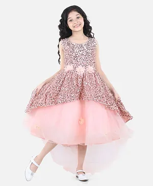 WhiteHenz Clothing Sleeveless All Over Sequin Embellished Flower Applique Detailed & Layered High Low Dress - Peach