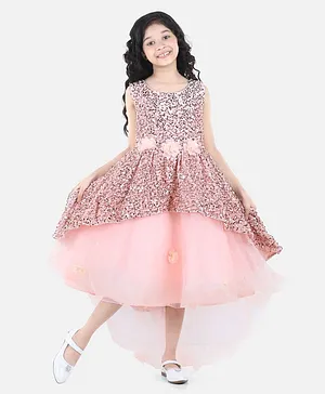 WhiteHenz Clothing Sleeveless All Over Sequin Embellished Flower Applique Detailed & Layered High Low Dress - Peach